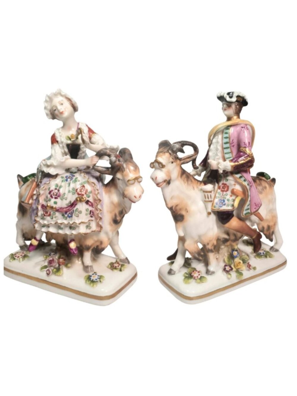 19th C. Samson Porcelain Figurines - Count Brühl's Tailor & Wife on goats